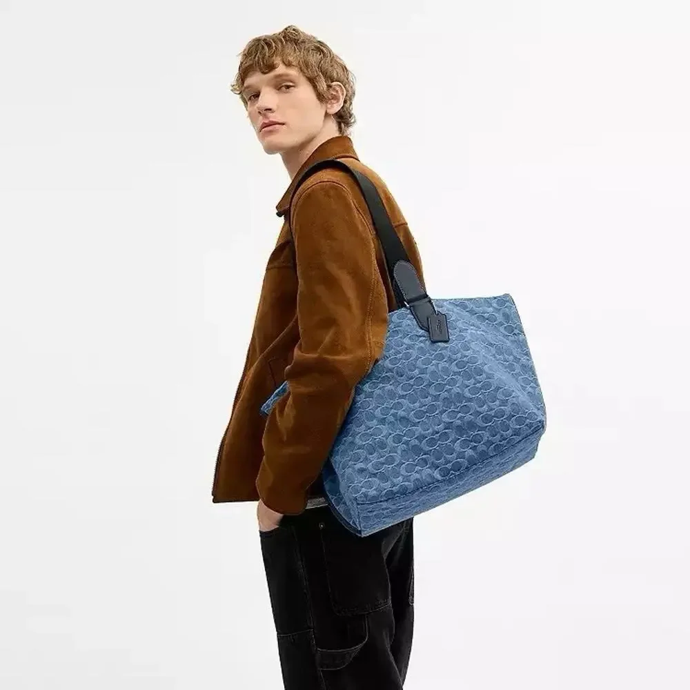 NWT Coach MEN'S Small Tour Tote Bag In Signature Denim CDF24 Silver/Denim